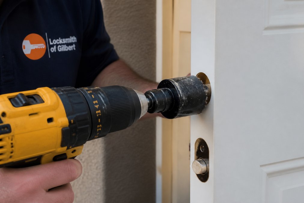 Close-up of a drill with hole saw bit positioned at proper angle against a residential door, showing correct depth marking and alignment for creating the main borehole