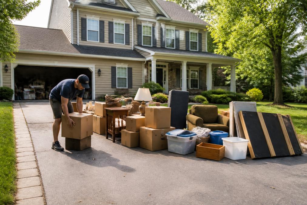 Homeowner organizing furniture and boxes in a driveway for residential debris removal pickup.