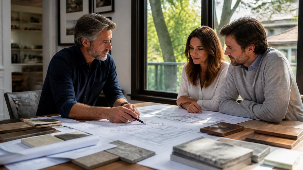 An architect and a couple reviewing blueprints and material samples on a large table in a sunlit Connecticut home office, with a window framing mature trees outside