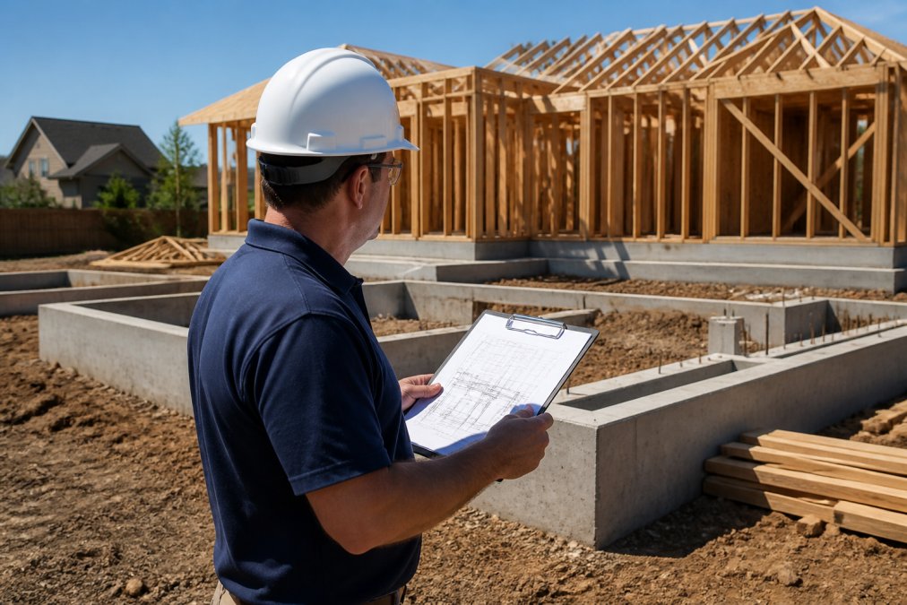 A construction project manager in a hard hat reviewing blueprints on a clipboard at a residential building site, with wood framing and concrete foundation work visible in the background under bright natural daylight