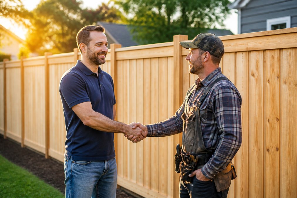 A homeowner and a contractor shaking hands in front of a newly completed wooden fence on a residential property, both smiling with confidence in warm afternoon sunlight