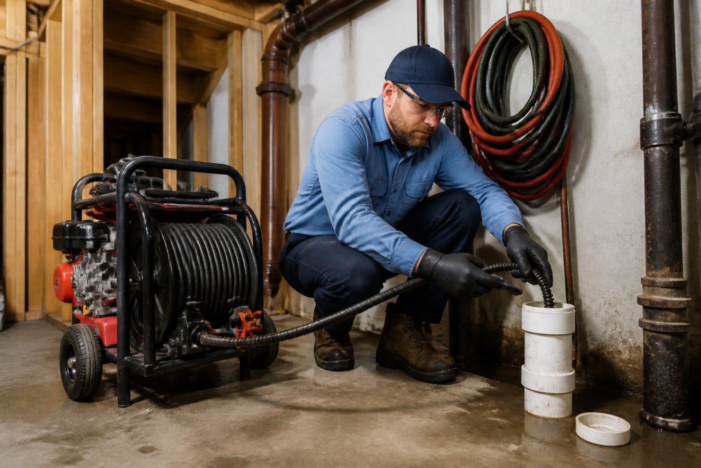 A licensed plumber in work clothes operating a professional hydro jetting machine connected to a residential drain cleanout pipe in a utility room, with coiled hose and equipment visible in the background