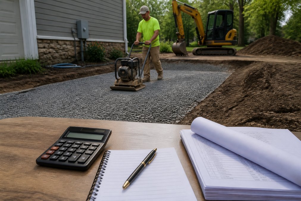 Paving crew compacting a gravel base, an essential step affecting driveway paving pricing.