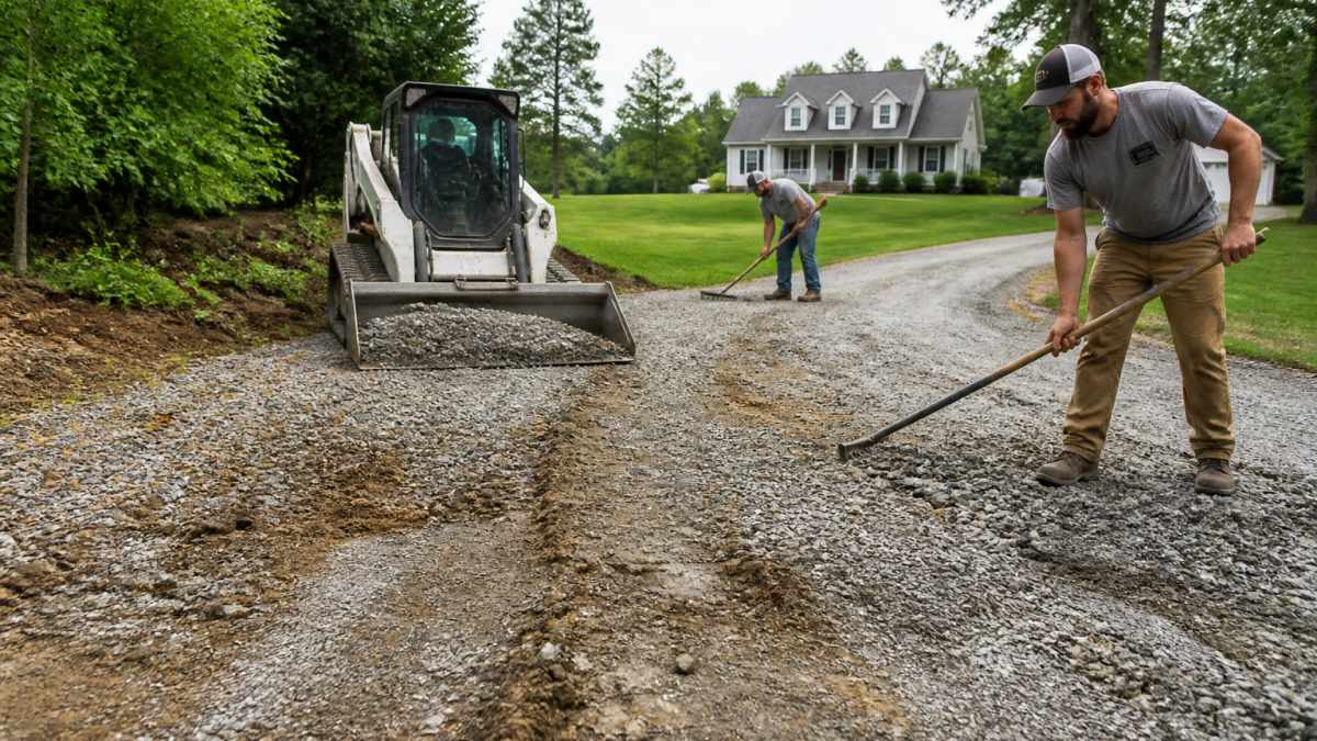 A crew uses a skid steer and rakes for gravel driveway repair to fix ruts and potholes in a rural yard.