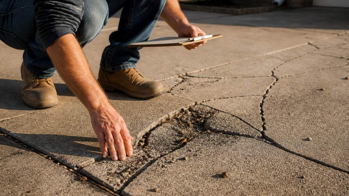 Contractor in work boots crouching to inspect visible cracks and potholes in a residential concrete driveway during daylight inspection