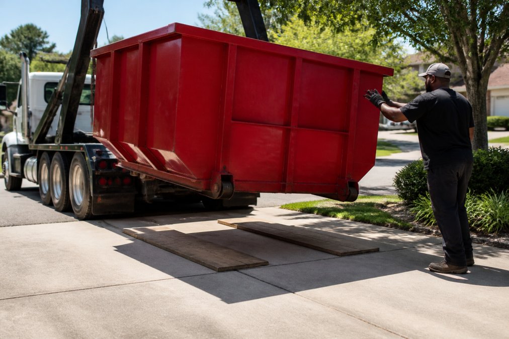 A red roll-off dumpster being carefully lowered from a delivery truck onto a residential driveway, with thick wooden boards placed flat beneath the container's steel wheels to protect the concrete surface, morning light on a suburban street