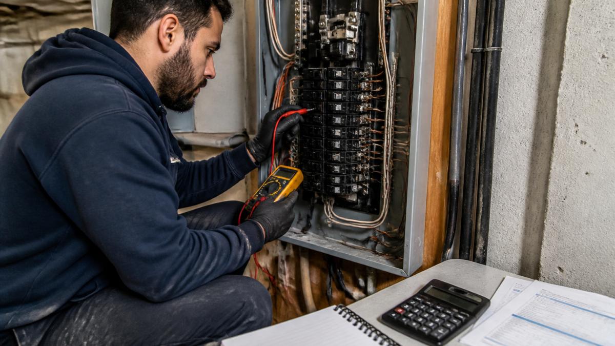 Licensed electrician using a multimeter to inspect an old residential electrical panel to determine upgrade costs.