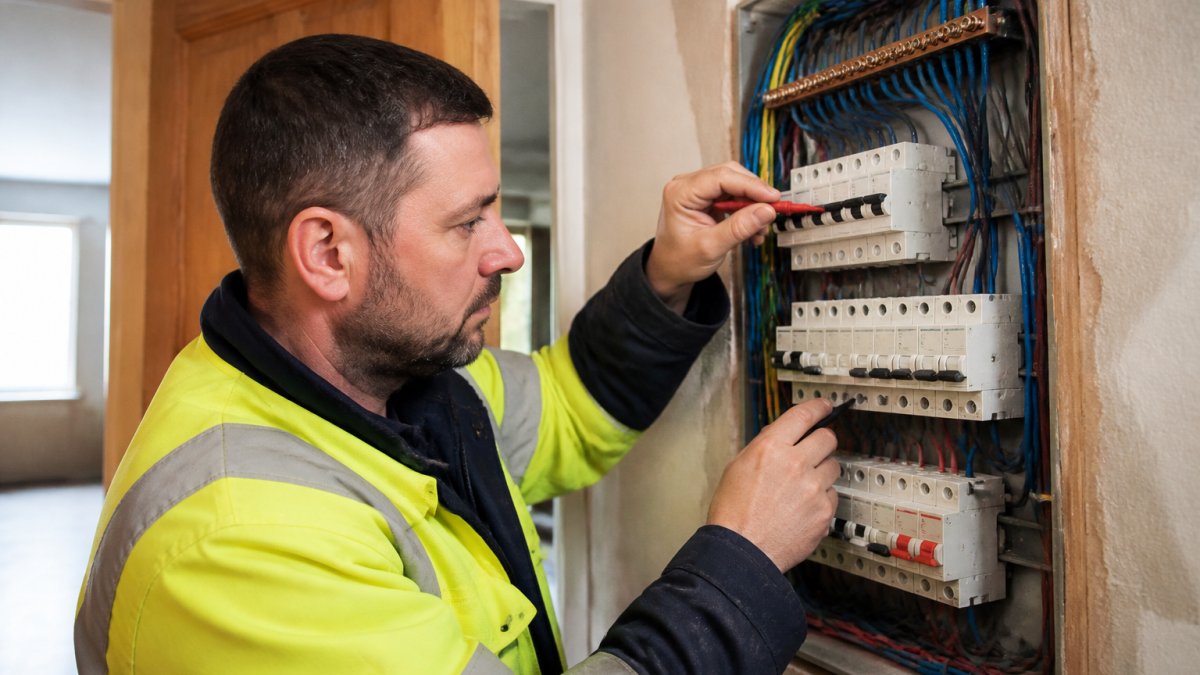Professional electrician in high-visibility uniform examining electrical wiring and circuit breaker panel in residential home, demonstrating expertise and meticulous attention to detail during inspection