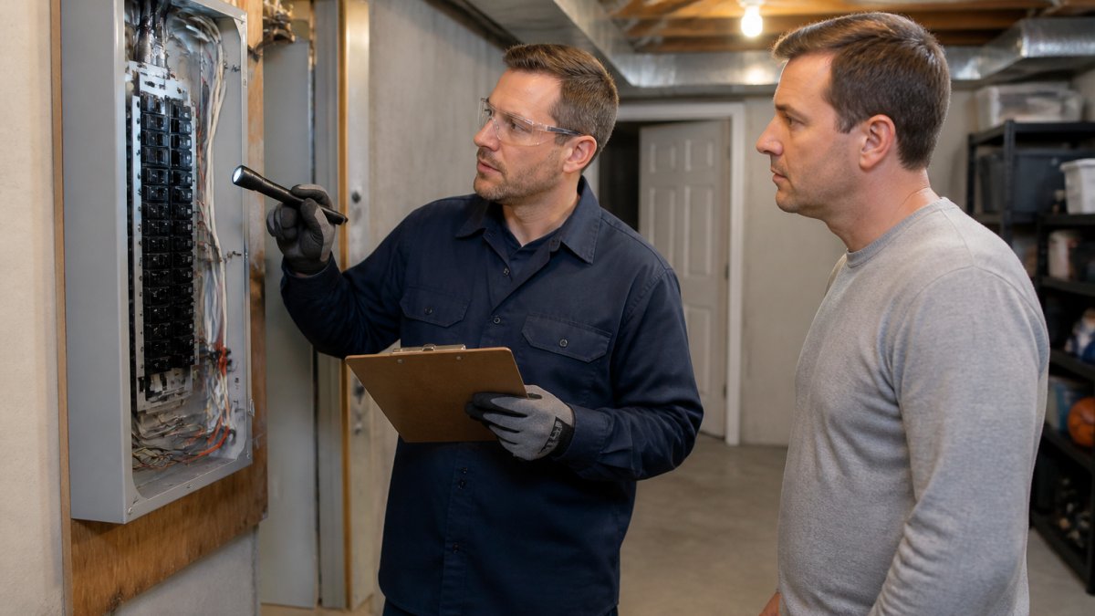 Electrician using a flashlight to check a panel for a residential electrical safety inspection cost assessment
