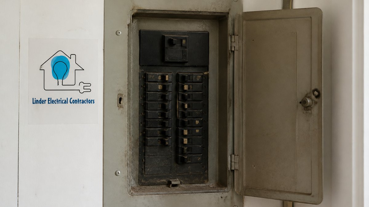 Close-up of an outdated residential electrical breaker box mounted on a home's interior wall, with visible dust accumulation and older-style circuit breakers, natural indoor lighting