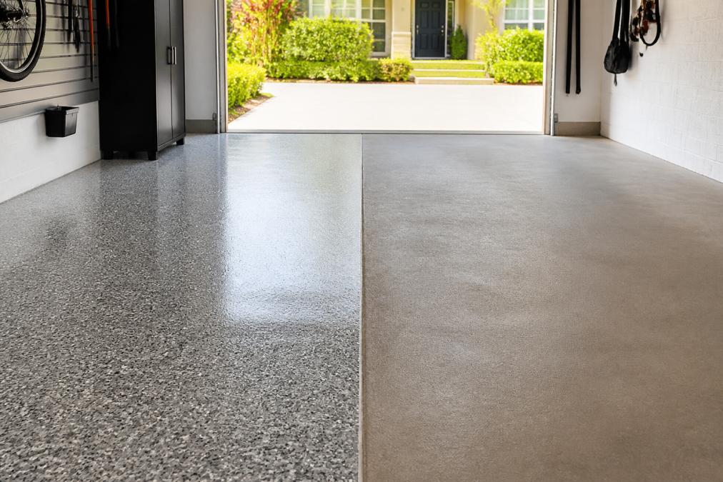 A residential garage with a glossy epoxy flake floor on one side and a matte polished concrete floor on the other, natural light from an open garage door, clean and finished surfaces