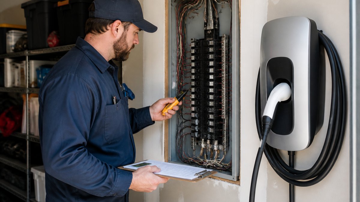 A licensed electrician in a residential garage inspecting an open electrical panel with a clipboard and voltage tester, with a Level 2 EV charger mounted on the wall nearby
