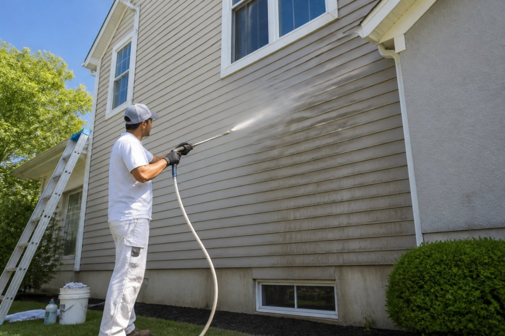 A painting crew member in work clothes power washing the siding of a two-story suburban house on a clear day, water spray visible against the exterior wall, ladder and prep tools nearby