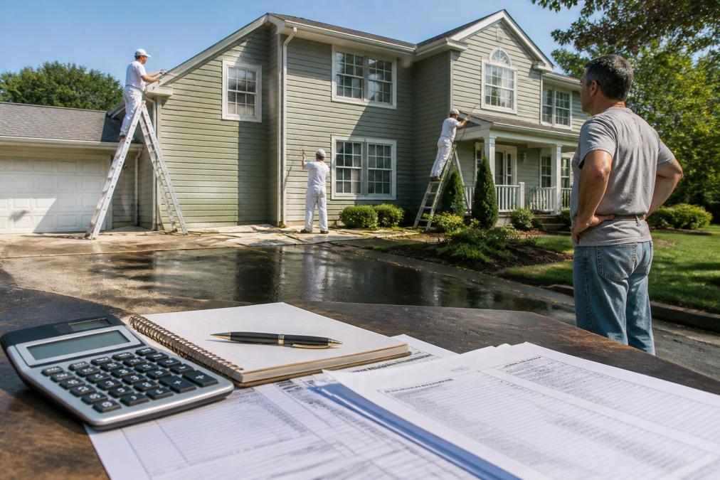 Crew power washing a home to prepare for residential exterior painting services cost-effectively.