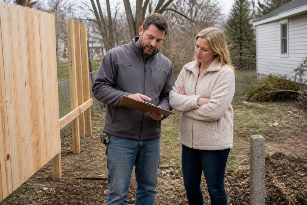 A homeowner and a fence installer standing in a backyard reviewing paperwork on a clipboard next to a property line marker, with a partially built wood fence in the background