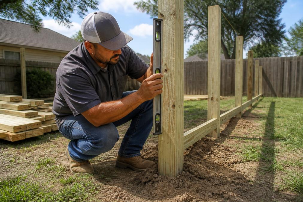 A fence contractor in a work shirt and cap kneeling beside a newly set wooden fence post, checking it with a level, with a residential backyard and a pile of lumber visible behind him on a sunny day