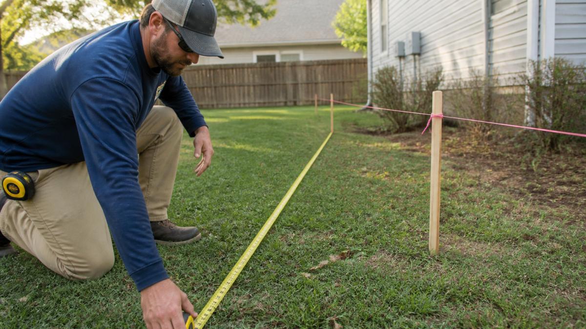 Homeowner using a tape measure to mark boundaries for a fence installation estimate in a residential yard.