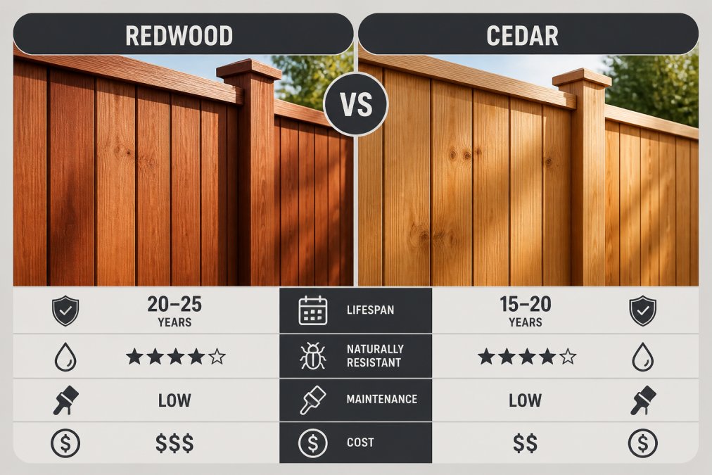 Close-up of freshly installed redwood and cedar fence panels side-by-side, showing the natural wood grain and color differences, with sunlight highlighting the wood texture and warm tones