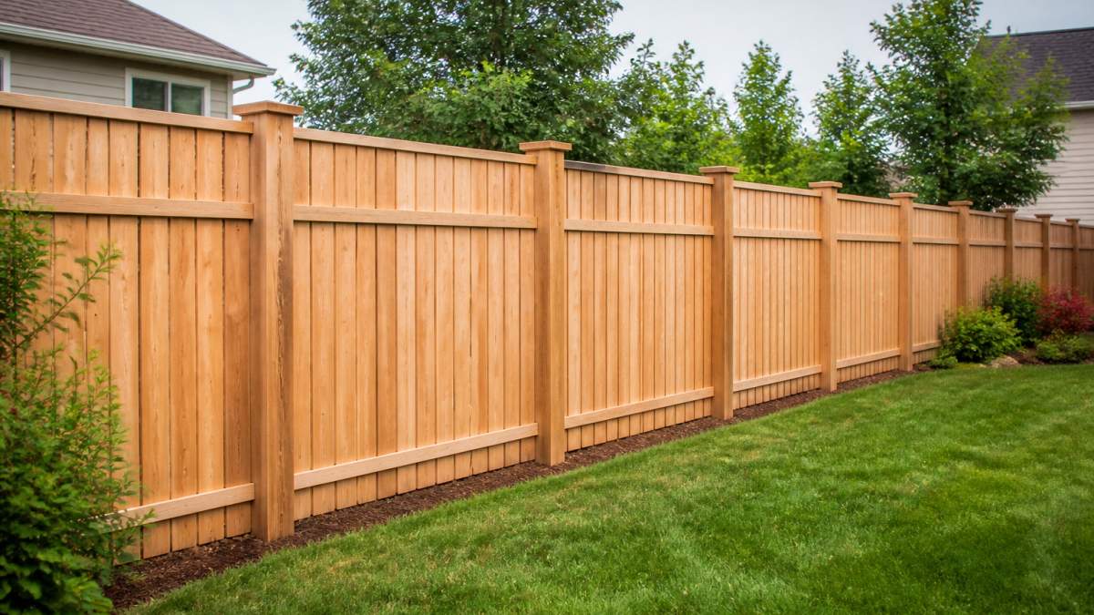 Residential backyard showing completed wood privacy fence with posts properly set in ground, demonstrating quality installation and secure foundation in natural daylight