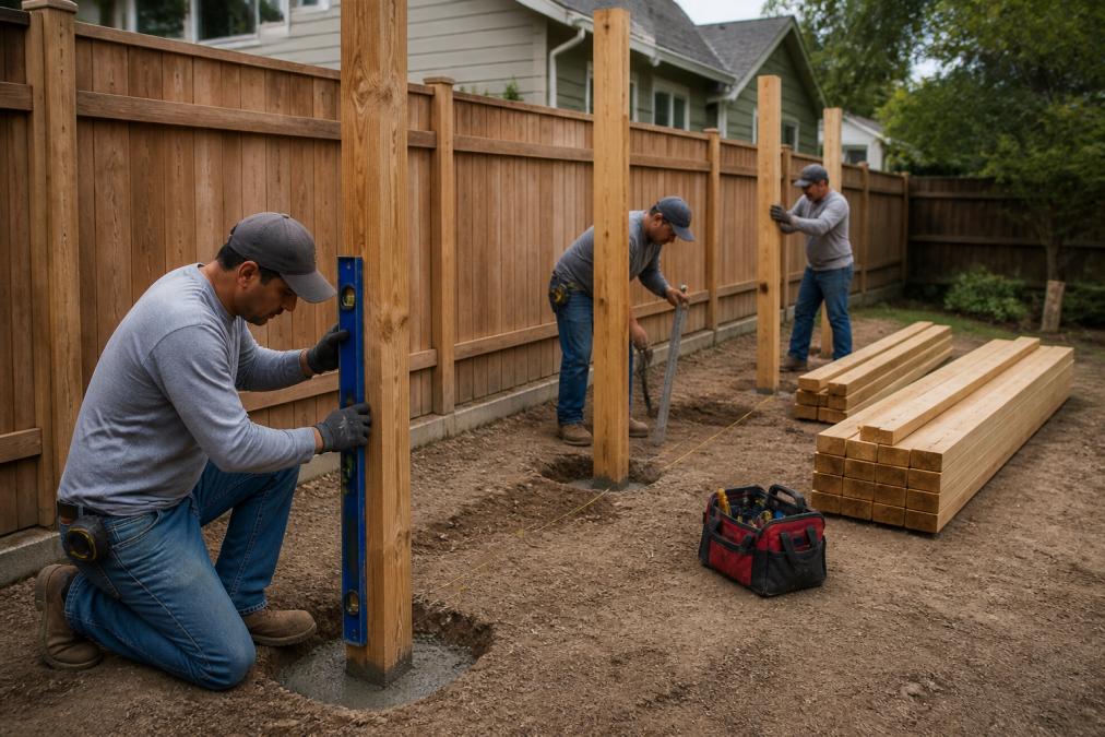 Professional fence contractor team installing wooden fence posts into concrete footings, showing proper post-setting technique with level and measuring tools, work site organized with materials staged