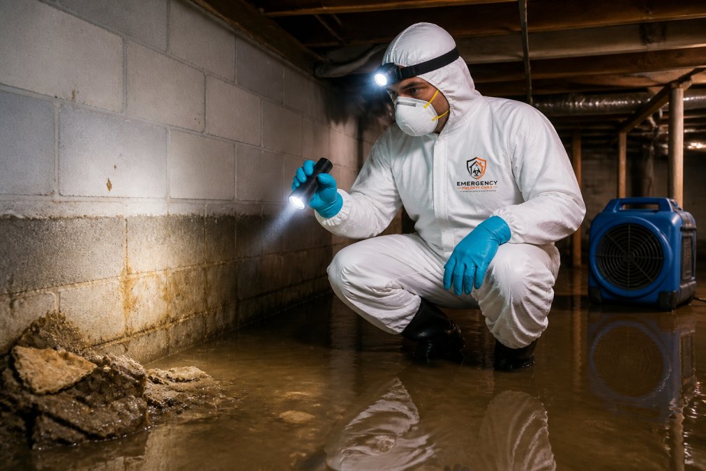 Homeowner wearing N95 respirator, rubber gloves, and full protective clothing while inspecting water damage in a flooded basement with torchlight