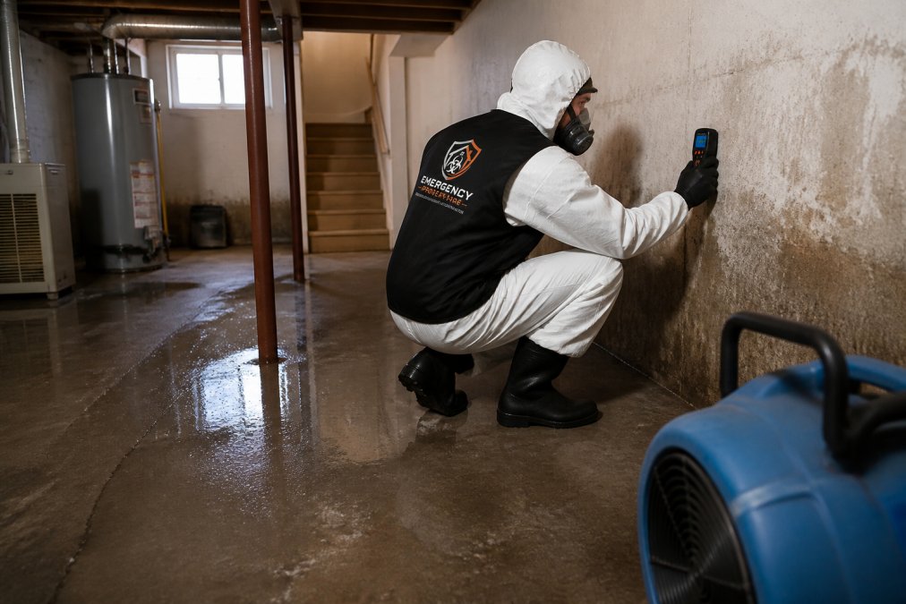 Professional restoration technician in full protective gear assessing structural water saturation and damage in a residential basement with moisture-detection equipment