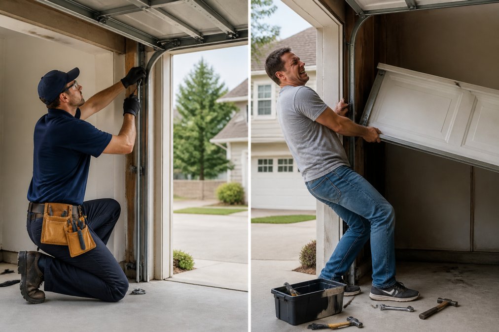 Professional technician carefully installing residential garage door with proper safety equipment and specialized tools in a residential garage setting with natural light