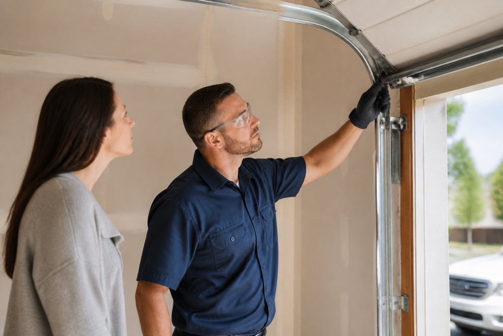 A professional technician in a uniform and safety glasses inspecting the tracks and rollers of a residential garage door, with the homeowner nearby looking on