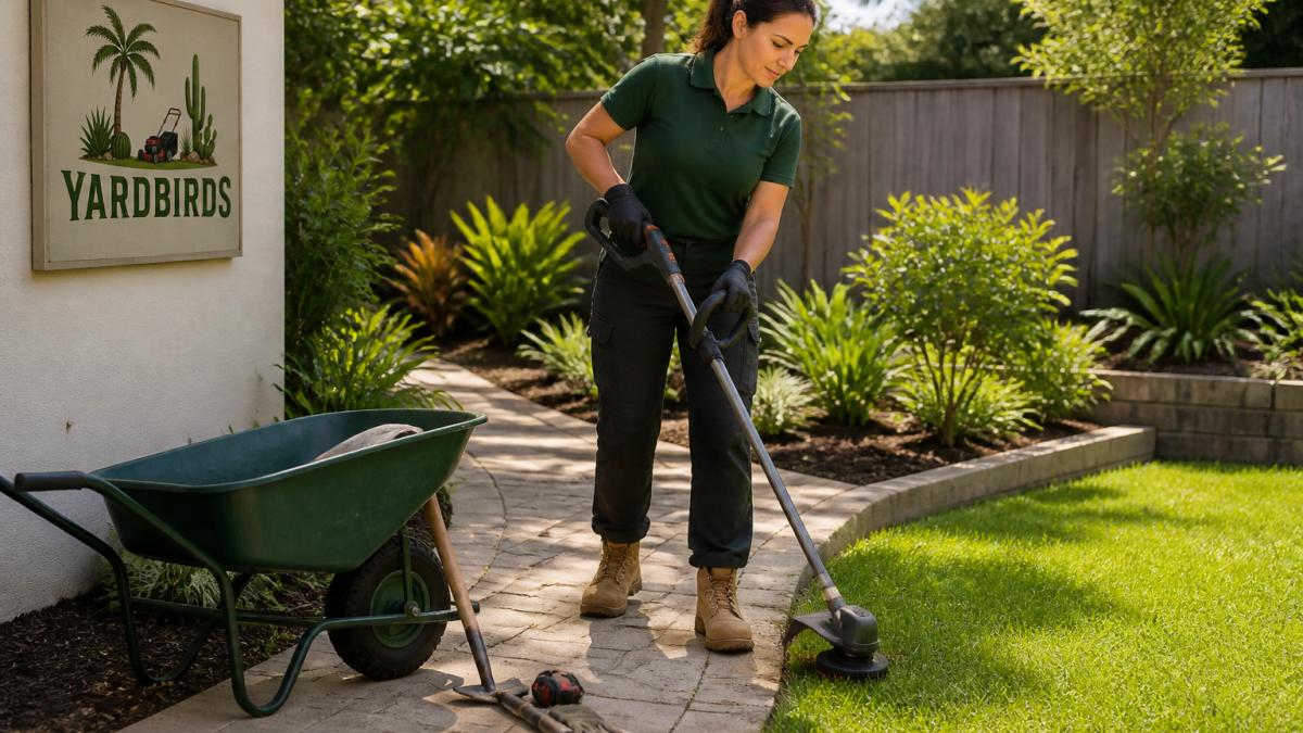 A gardener in work clothes using a line trimmer to edge a neat lawn border along a paved path in a suburban backyard, with a wheelbarrow and hand tools resting nearby