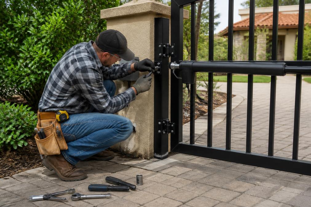 Professional installer demonstrating residential gate repair technique while adjusting gate hinges and hardware on a driveway entrance, with proper tools and safety equipment visible