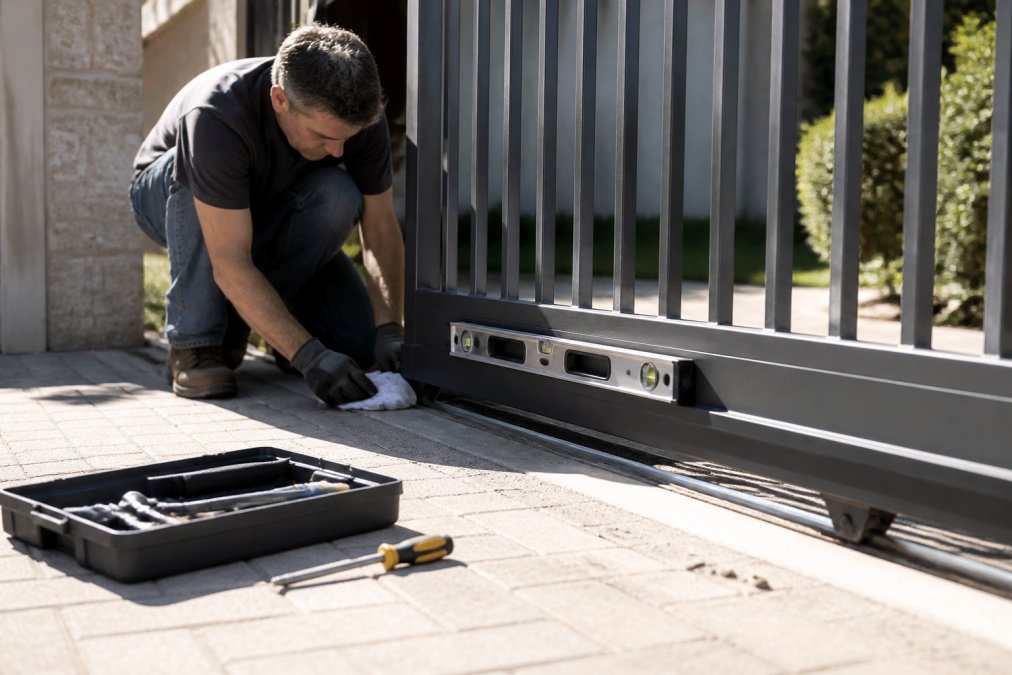 Residential homeowner performing gate maintenance on a driveway, cleaning metal tracks and checking gate alignment with a level tool, bright afternoon sunlight visible