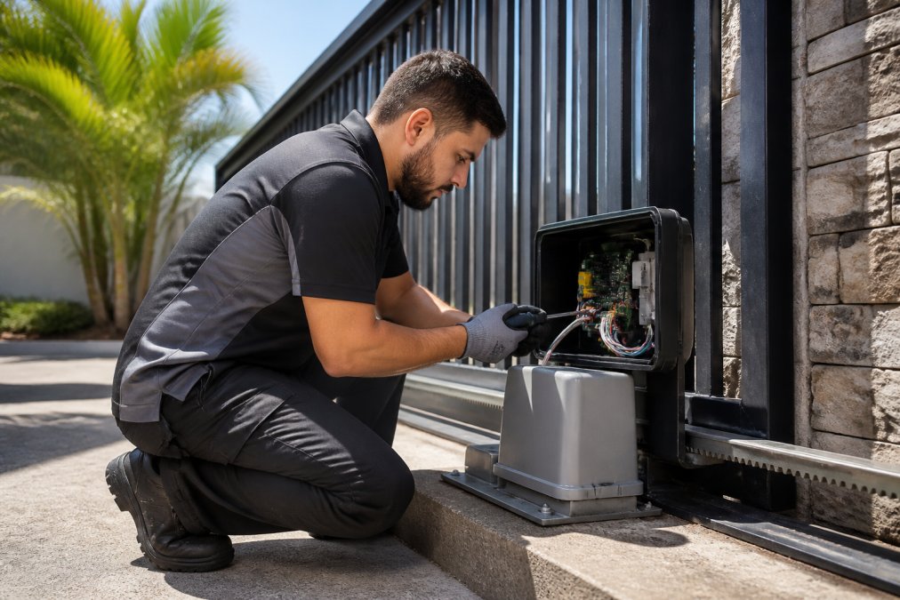A professional technician in work gear and safety gloves kneeling beside a residential driveway gate motor housing, adjusting the control panel wiring with a screwdriver under bright midday sunlight