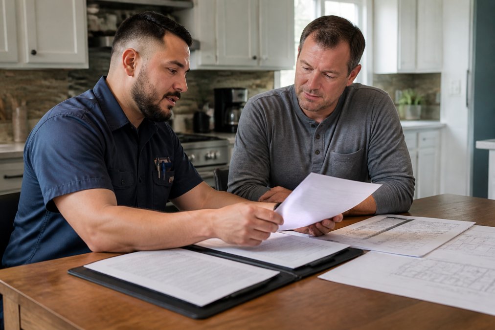 Professional electrician and homeowner reviewing a generator installation quote and site assessment paperwork together at a kitchen table, with blueprints and cost estimates visible in natural daylight