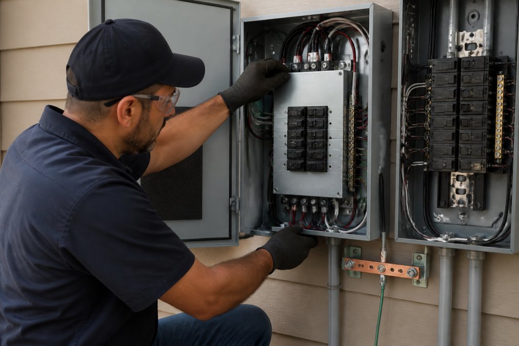 Experienced electrician installing an automatic transfer switch onto a residential electrical panel with professional tools, safety equipment, and proper grounding visible in the installation
