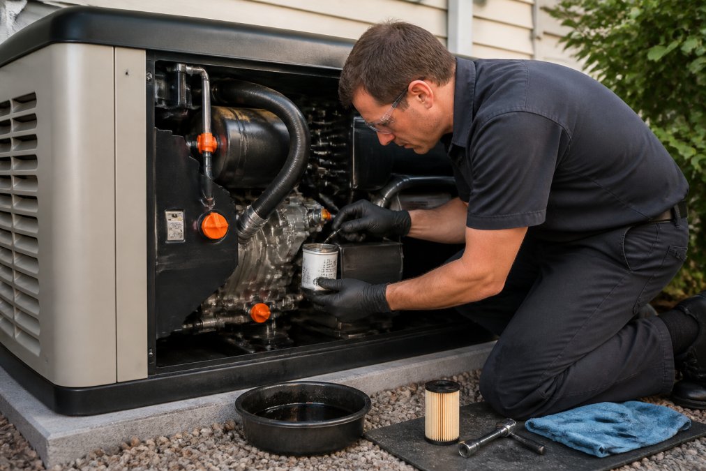 Professional performing residential generator oil change, hands working with drain plug and oil filter on standby generator in outdoor enclosure with natural daylight