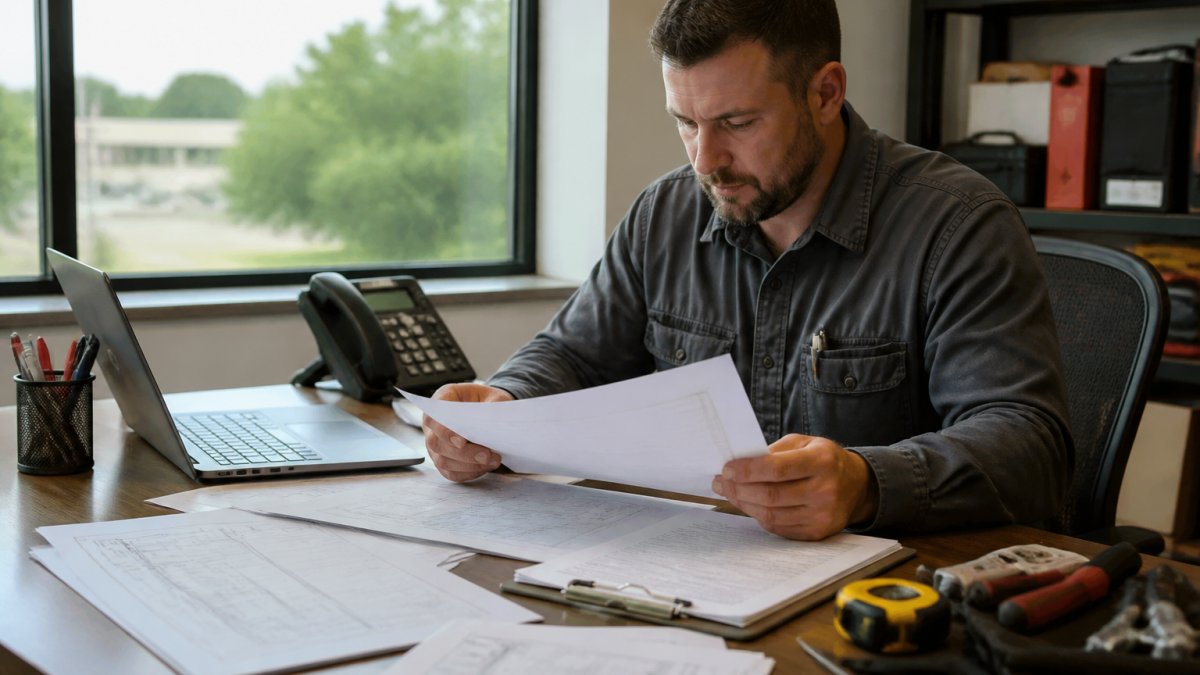 Licensed electrician reviewing residential generator installation blueprints and building permit documents at a work desk with a laptop, phone, and technical drawings under natural office lighting