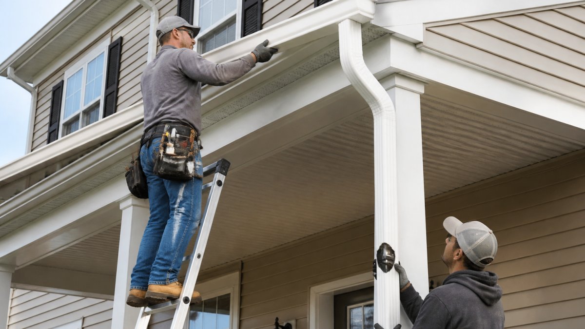 A professional installer on a ladder attaching a long seamless aluminum gutter to the fascia of a two-story suburban home, with a second worker on the ground holding a downspout section
