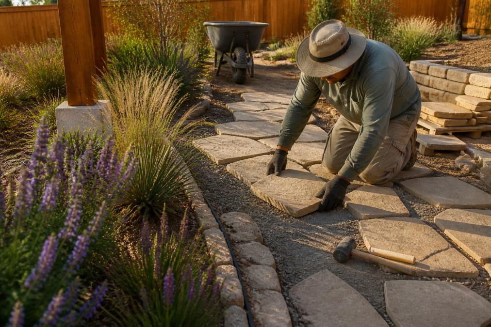 A landscaper installing flagstone pavers in a residential backyard with native Texas plants like salvias and ornamental grasses nearby, warm afternoon light