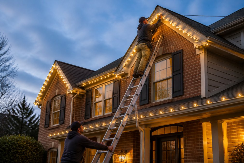 A professional installer on a ladder attaching warm white LED lights to the roofline of a well-maintained two-story suburban house at dusk