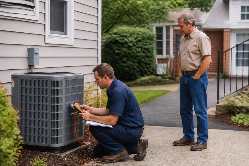 Technician checking a new outdoor unit during a residential hvac installation service booking at a home