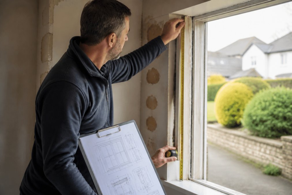 Surveyor measuring a residential window opening with a tape measure while reviewing technical drawings on a clipboard, with visible architectural details and natural daylight from the opening