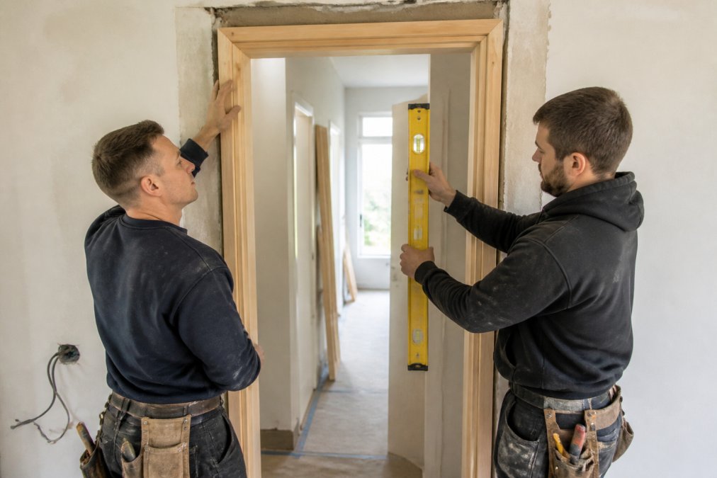 Two skilled tradespeople installing a bespoke wooden door frame in a residential doorway, using a spirit level to check vertical alignment while one holds the frame steady