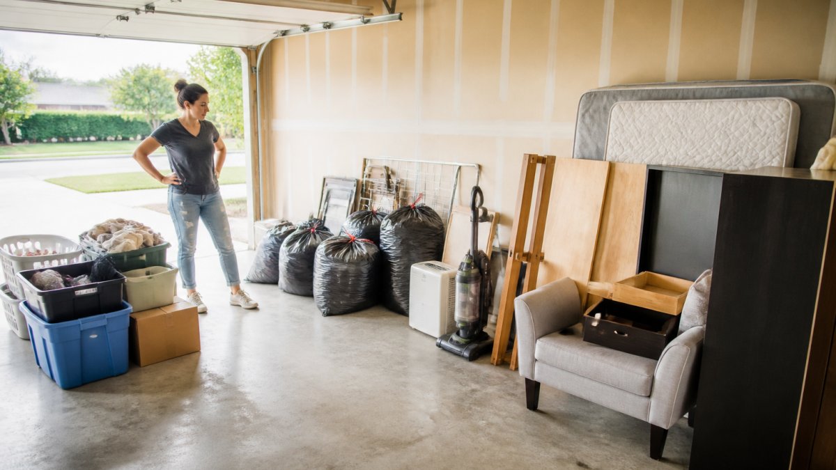 Homeowner standing in a garage with items organized into distinct piles for removal, natural light from open door, showing preparation for junk removal