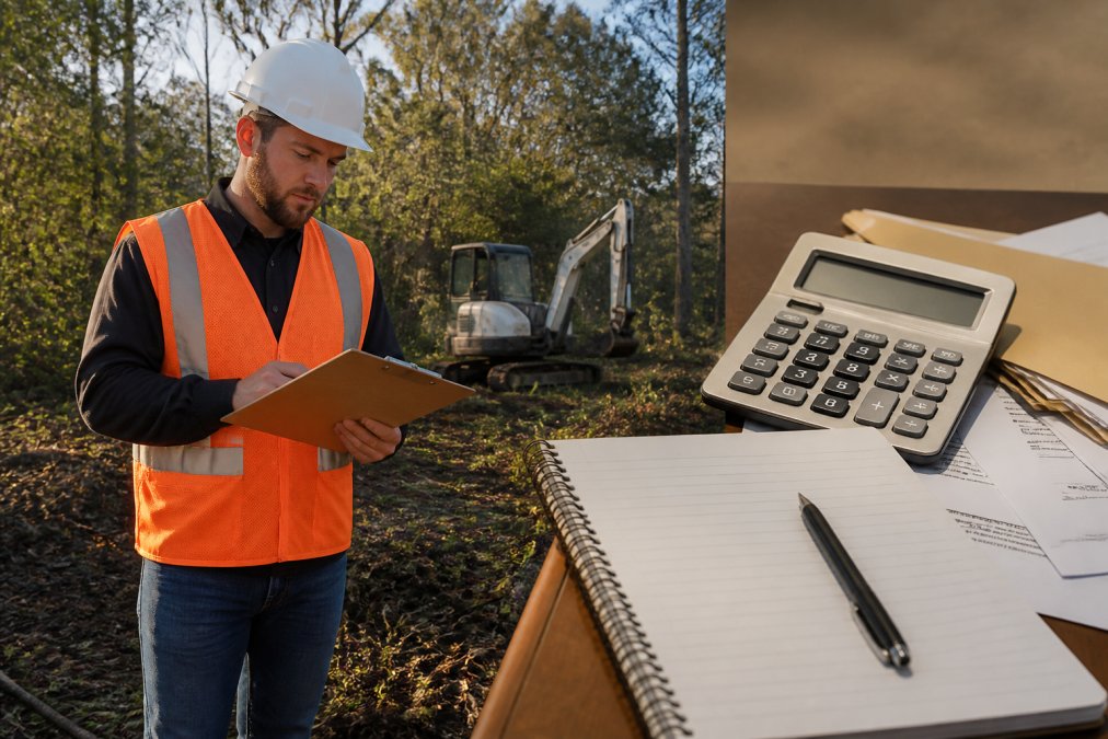 Crew member reviewing a residential land clearing cost estimate on site