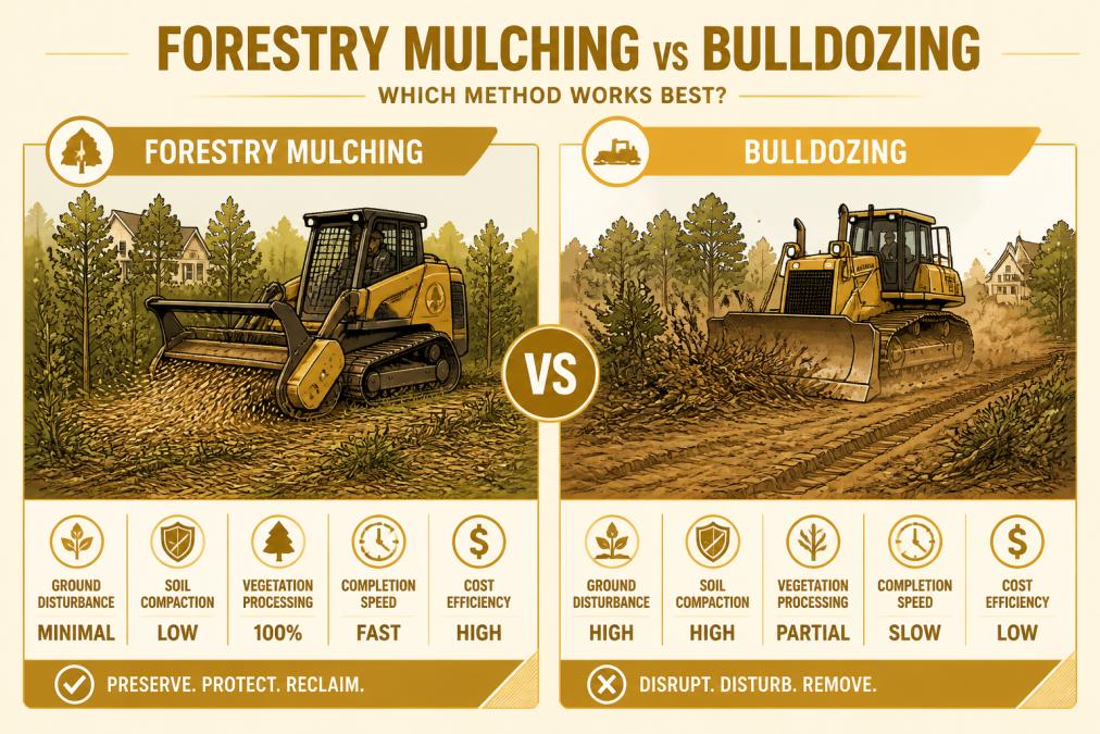 Professional land clearing crew operating forestry mulching equipment on a residential property, with dense brush and saplings being processed into mulch in real-time, showing the equipment's compact footprint and minimal ground disturbance compared to traditional bulldozer clearing visible in the background