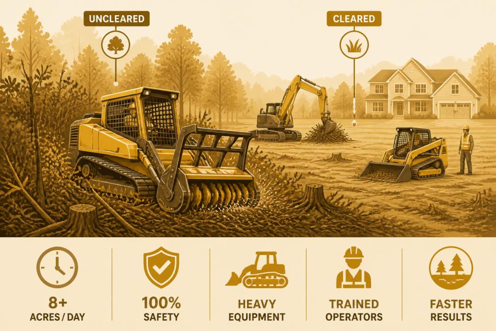 Professional land clearing crew operating heavy equipment on a residential property with cleared areas visible in the background showing efficient vegetation removal, while dense brush and overgrown sections remain in the foreground, demonstrating the scale and capability of professional equipment and trained operators