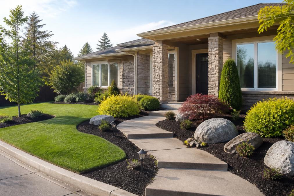Well-maintained residential property exterior with manicured landscaping, defined hardscape features, and healthy green lawn that enhances curb appeal and property value