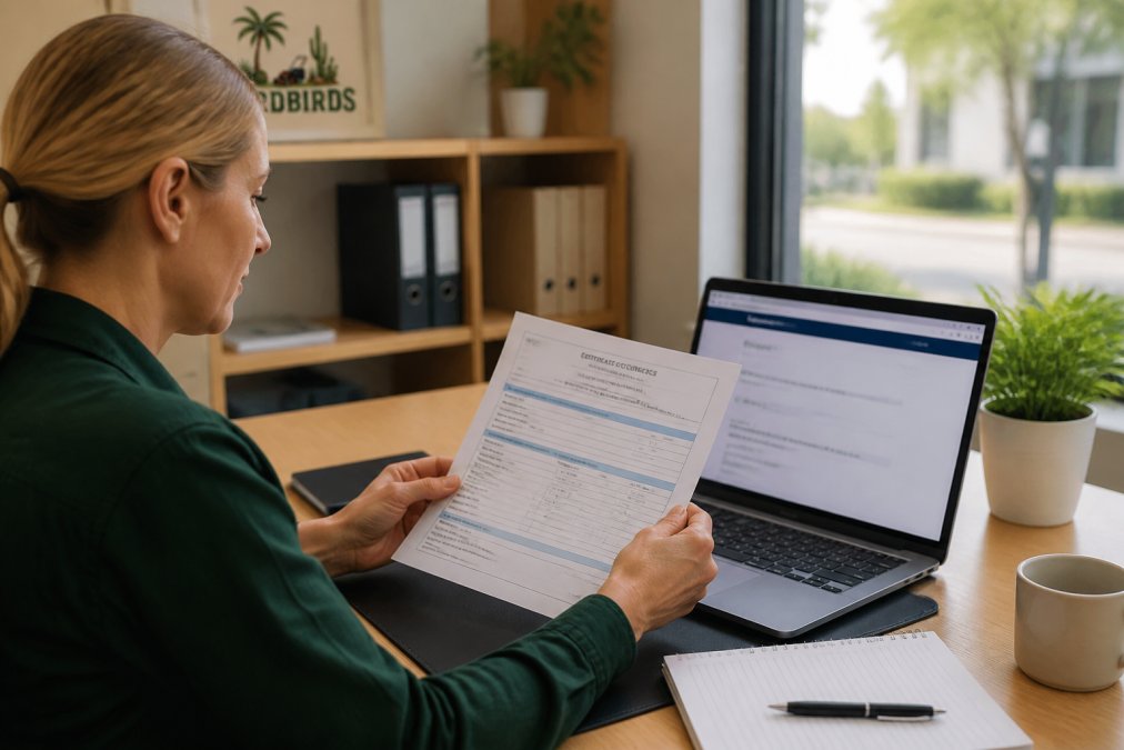 Professional examining a certificate of currency document at a desk with a laptop showing insurance verification website, natural office lighting