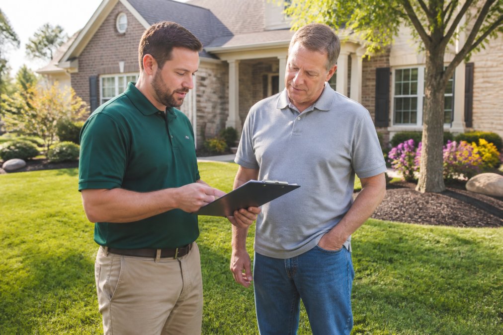 Professional lawn technician discussing lawn maintenance pricing with a homeowner in a residential yard