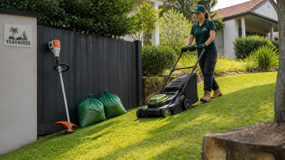 A professional lawn care worker in work clothes pushing a battery-powered mower across a sloping suburban front lawn, with a whipper-snipper resting against a fence and green waste bags nearby